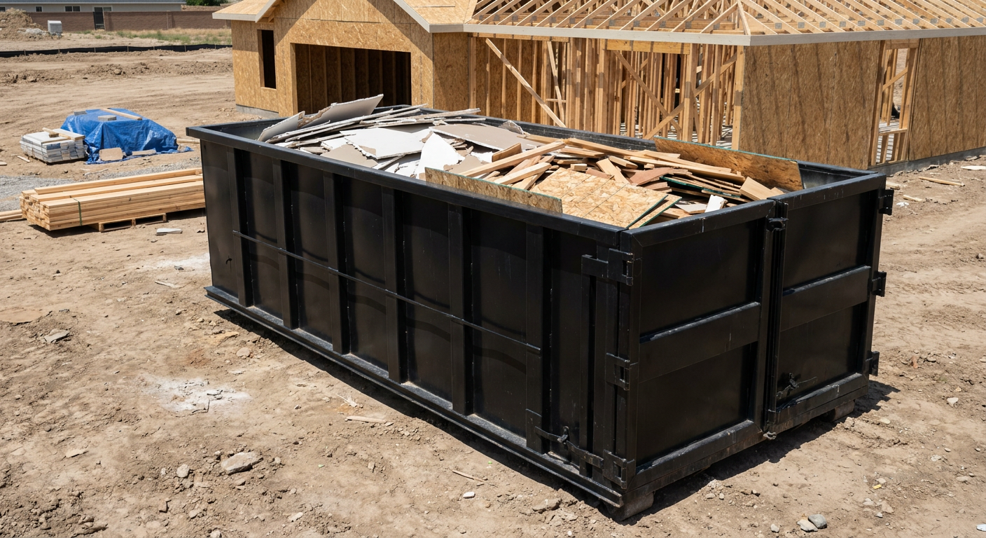 Matte-black 30-yard roll-off construction dumpster sitting directly on the compacted-dirt site of a framed single-family home build in Baton Rouge, drywall and lumber scrap loaded inside.