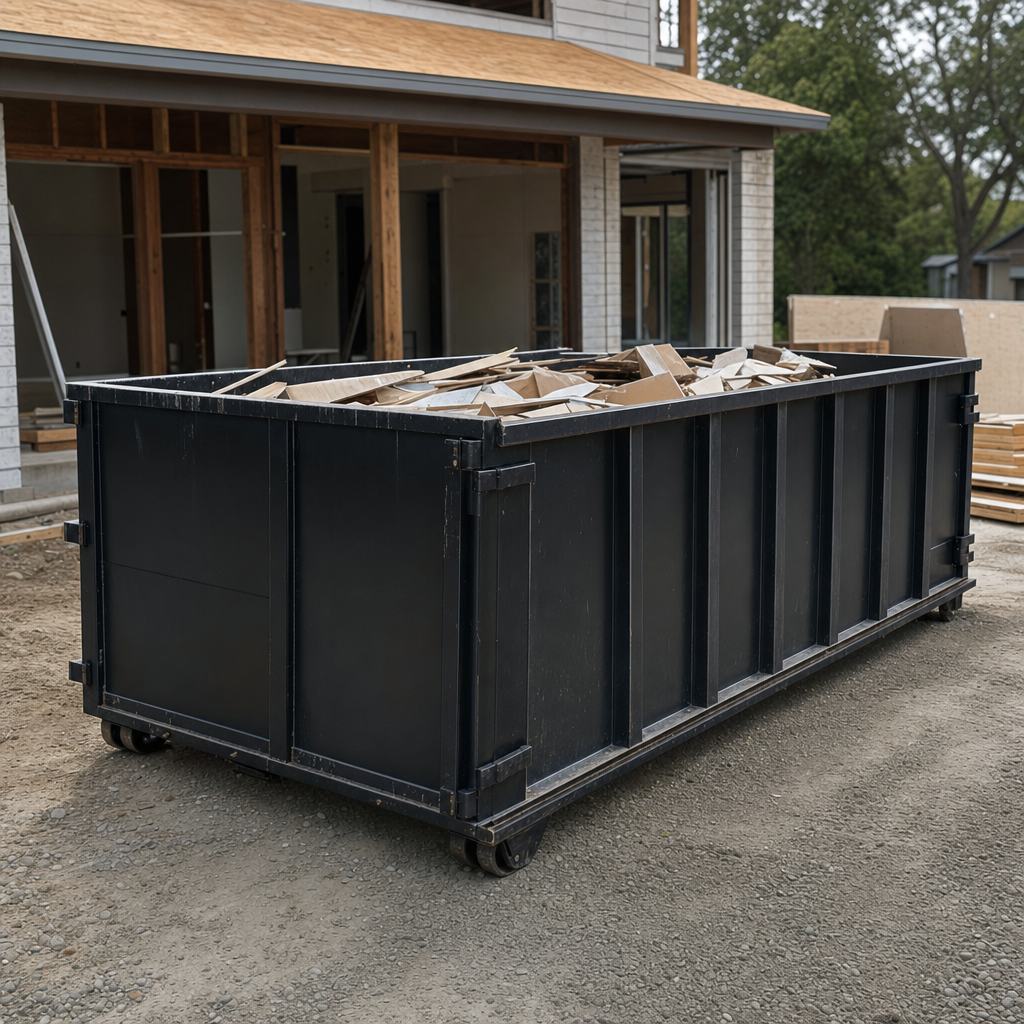 Large matte-black 30-yard construction roll-off dumpster at an active Baton Rouge jobsite, steel-gray top rails and bottom rollers visible, loaded with construction debris.