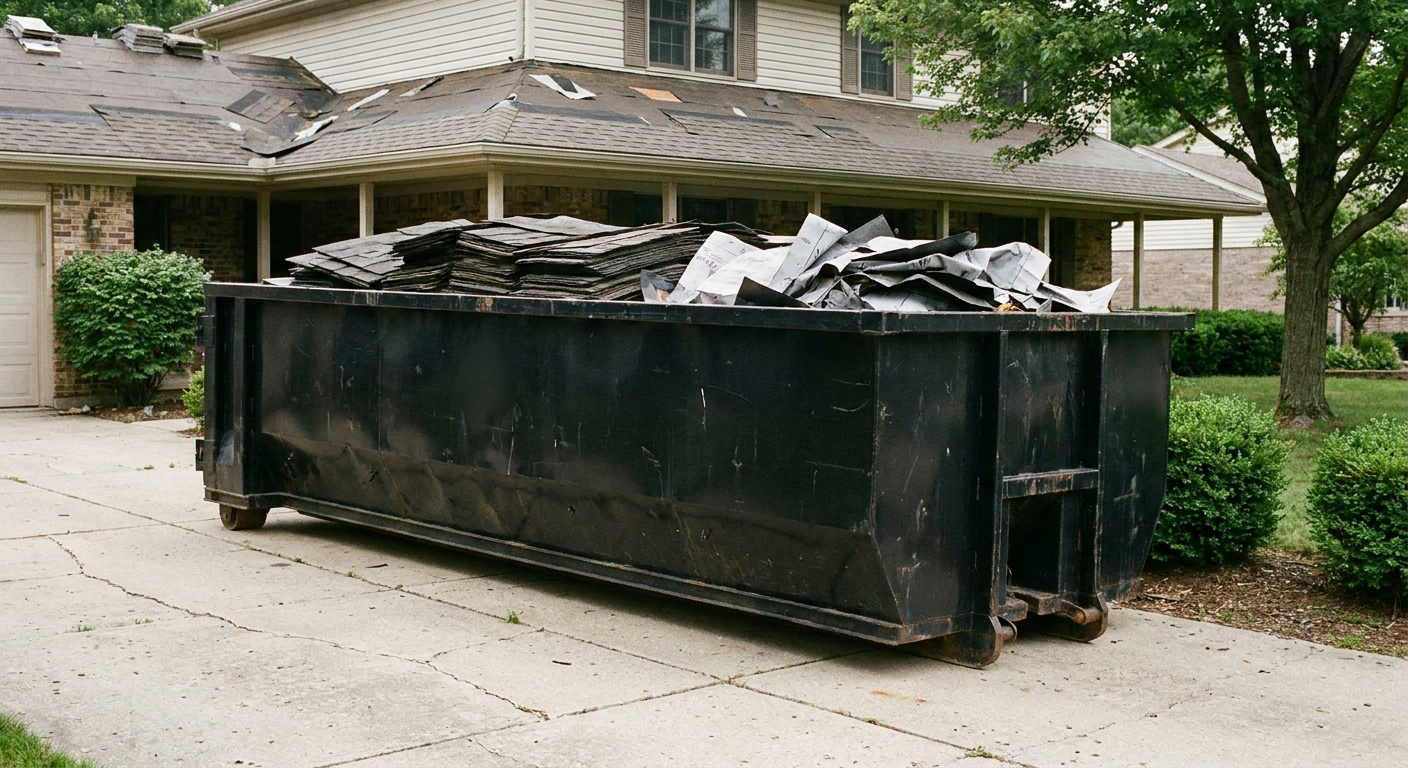 Matte-black 30-yard roofing roll-off dumpster sitting directly on a Baton Rouge concrete driveway, taller ribbed steel side panels, mixed tear-off debris of asphalt shingles and underlayment inside, professional documentary daylight.