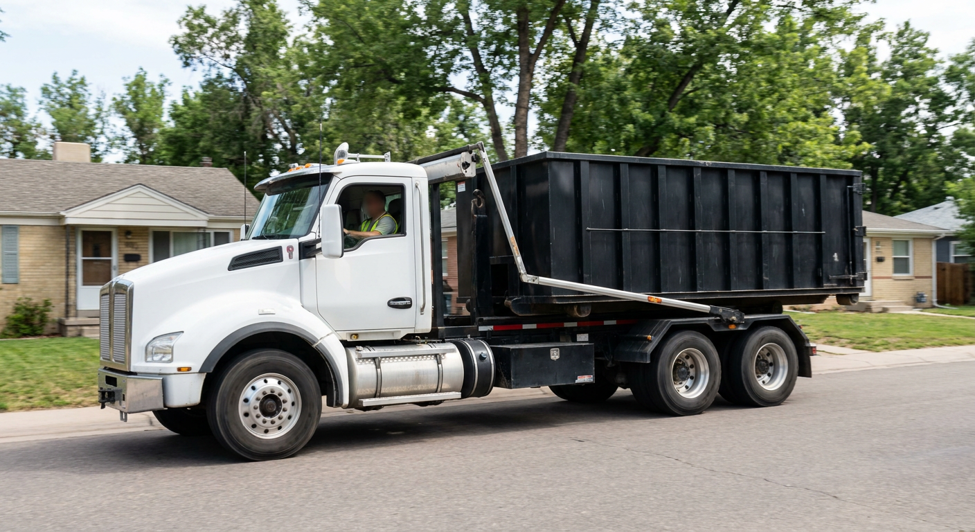 A wide documentary shot of a matte-black roll-off delivery truck pulling onto a quiet Baton Rouge residential street at mid-morning, with neighborhood rooftops and tree-lined blocks visible behind, showing the metro coverage footprint.
