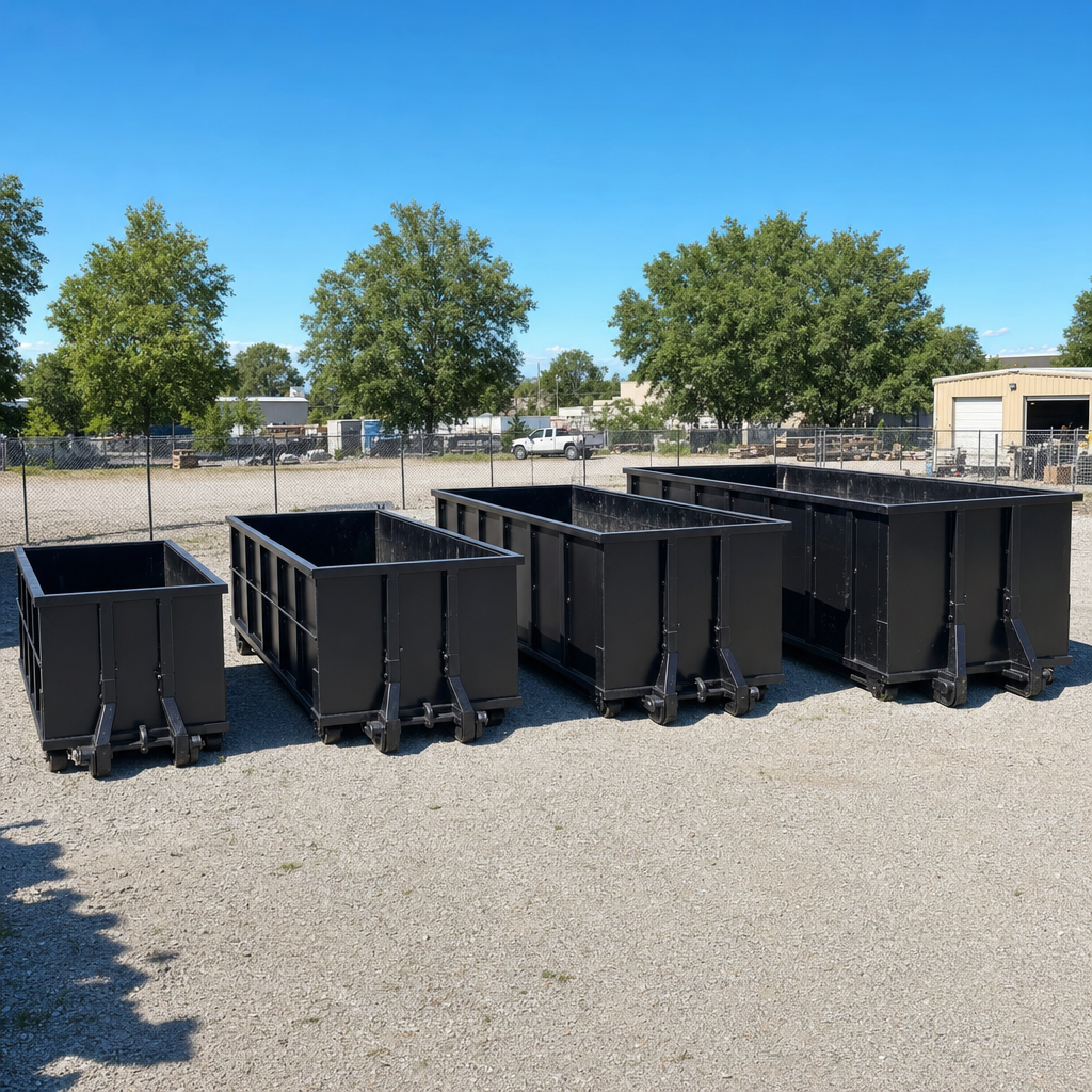 A clean lineup of matte-black roll-off dumpsters in 10, 20, 30, and 40-yard sizes staged on a sunlit gravel yard in Baton Rouge, showing the size progression from compact to commercial-scale containers.