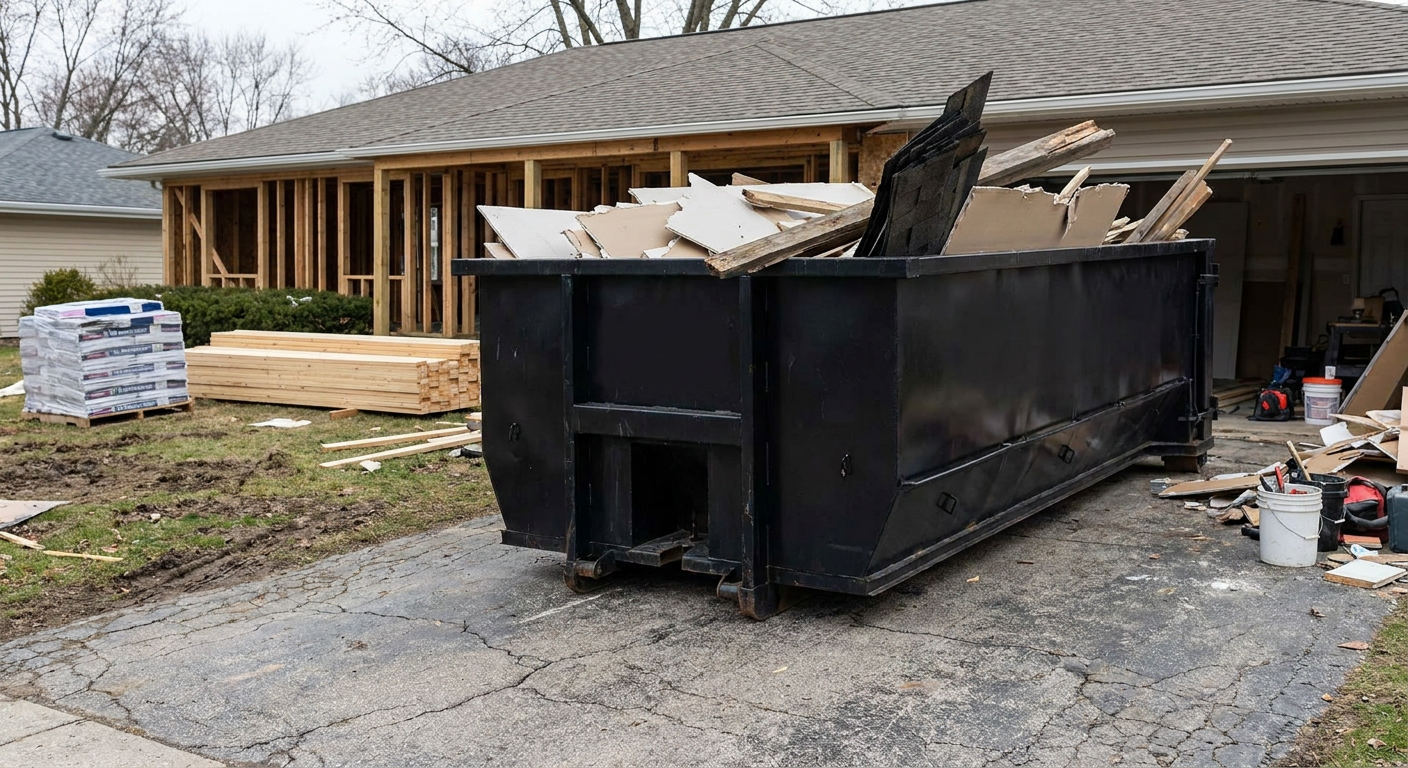 A matte-black 20-yard roll-off dumpster placed alongside a mid-renovation Baton Rouge home directly on the asphalt driveway, with framing materials and torn-off shingles staged neatly nearby.