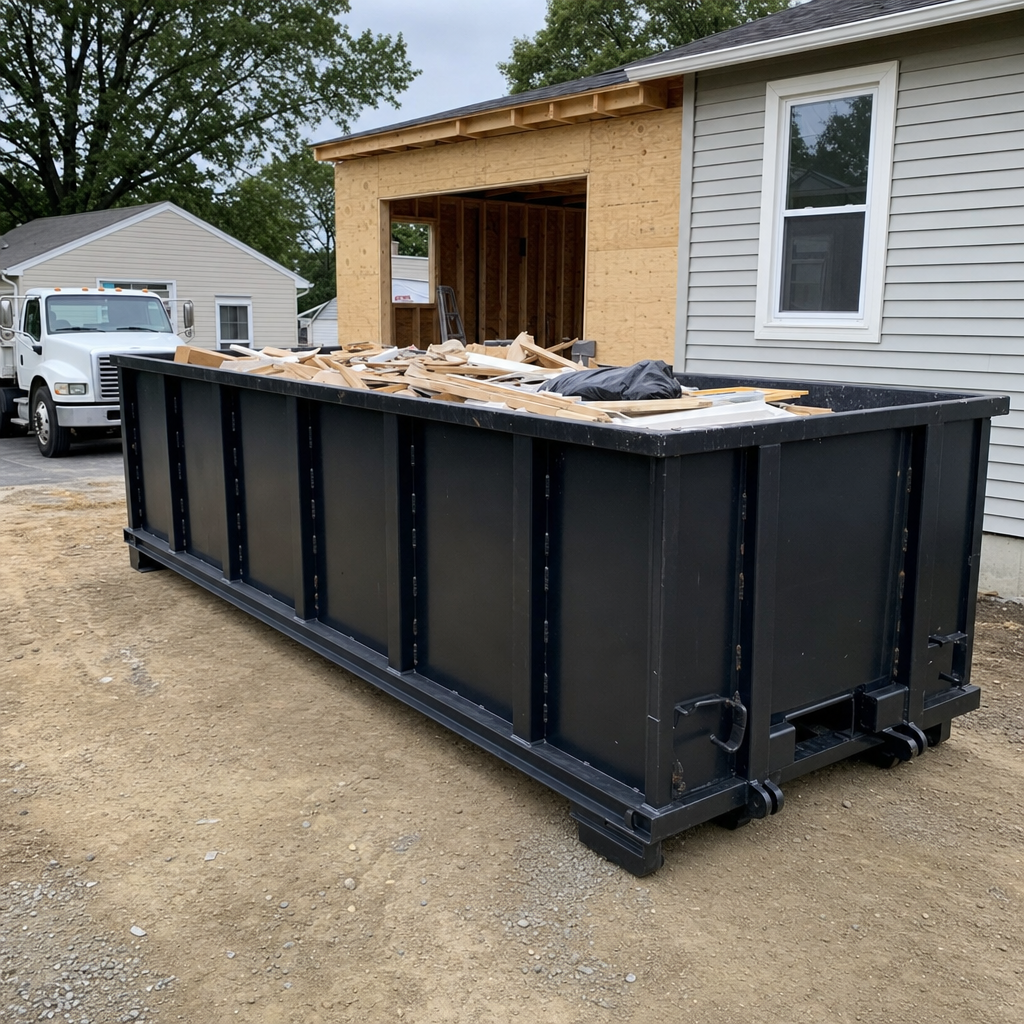 A matte-black 30-yard roll-off dumpster positioned at a Baton Rouge residential addition jobsite, with framing lumber and drywall scraps loaded through the open swinging rear doors.